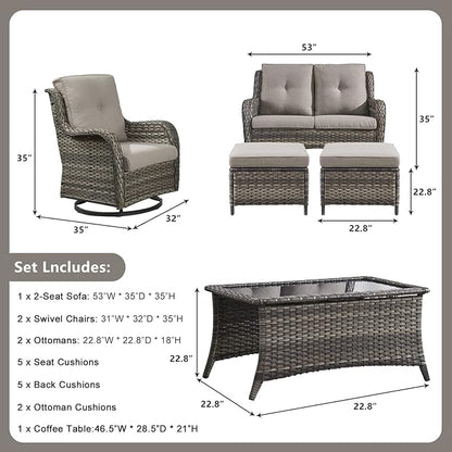 Rilyson 6 Piece Outdoor Patio Furniture Set - Rattan Wicker Patio Conversation Sets with 2 Swivel Rocker Chairs,2 Ottomans,1 Loveseat and 1 Coffee Table for Outside Porch Deck Yard(Mixed Grey/Grey)