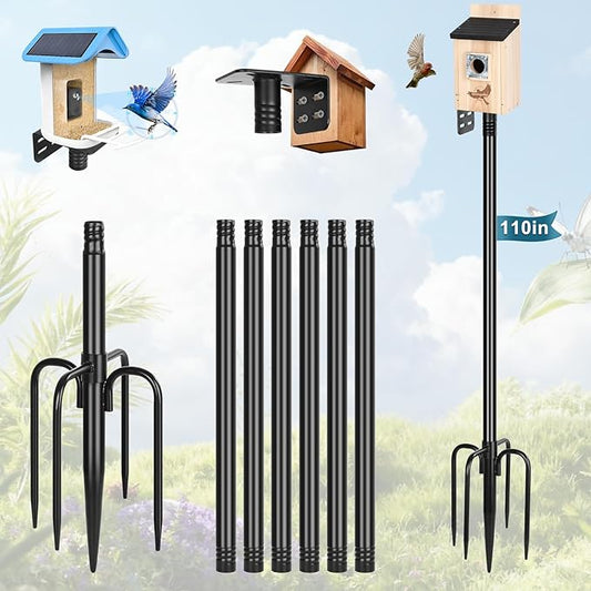 Gtongoko Smart Bird Feeder Pole 110 Inch Bluebird House Pole for Outdoors Weather Station Heavy Duty Metal Mounting Kit Adjustable Bird Feeder Stand Black