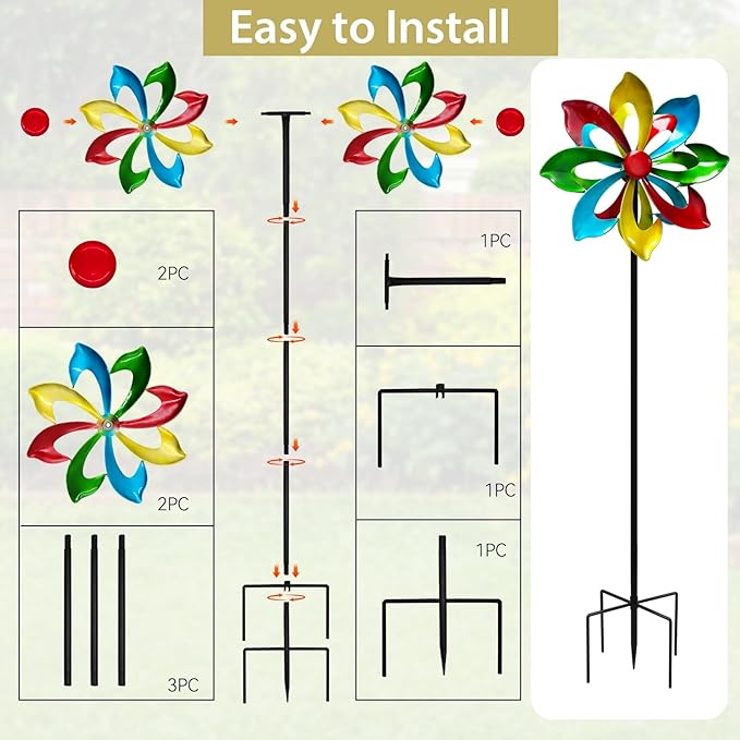 Colorful Metal Wind Spinners for Outdoor - 13 Inch Smooth Spinning Garden Wind Sculptures, Wind-Catcher with Upgraded Stable Stakes for Yard & Patio Decoration