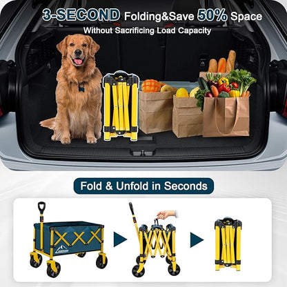 Collapsible Wagon Cart with Wheels Foldable, Folding Wagons Carts with Silent Universal Wheels, Large Grocery Cart On Wheels, Heavy Duty Utility Wagon for Shopping Beach Sports Fishing Camping, Green