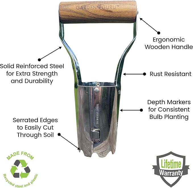 Garden Guru Eco Bulb Planter - 100% Recycled Stainless Steel - Rust Resistant - FSC Certified Wood Ergonomic Handle - Depth Marker for Consistent Planting Flowers Tulips, Daffodils, Dahlias(2Pack)