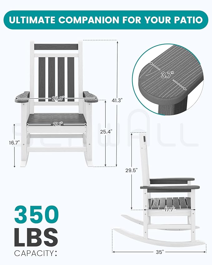 SERWALL Outdoor Rocking Chair Set of 2, HDPE Rocking Chairs for Adult, All Weather Porch Rockers for Lawn Garden, Gray & White