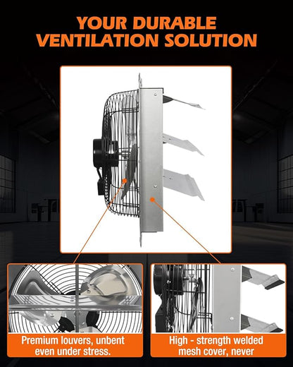 JVO 14" Shutter Exhaust Fan - 1520 CFM, Wall-Mounted for Greenhouses, Attics, Garages & Chicken Coops. Ideal Attic Fan, Greenhouse Vent & Coop Exhaust for Powerful Ventilation & Cooling