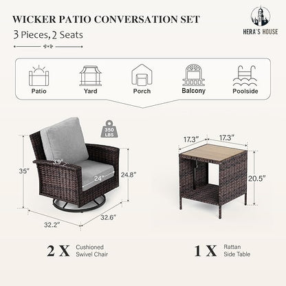 HERA'S HOUSE Outdoor Deck Furniture, High Back Wicker Patio Swivel Chairs with Rattan Table for Porch Balcony Lawn Garden, Grey