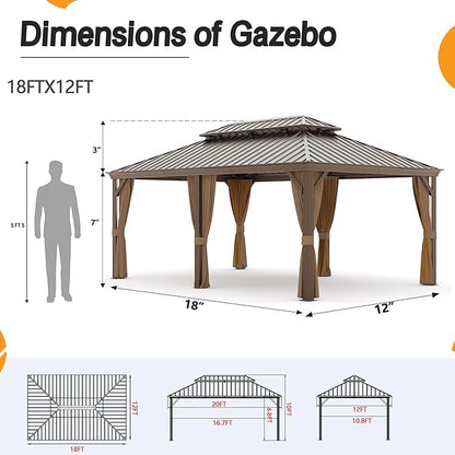 12' x 18' Outdoor Hardtop Gazebo Aluminum Frame with Double Metal Roof, Canopy Netting, Curtain, Patio Permanent Galvanized Steel Gazebo for Backyard, Garden, Party, Deck, Lawn