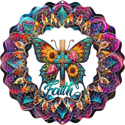 Cross Wind Spinner, Metal Wind Spinners Outdoor/Indoor, Cross Butterfly Hanging Garden Decor for Outside, Stainless Wind Spinners for Yard and Garden 10 inch 3D (25X24.95 CM)