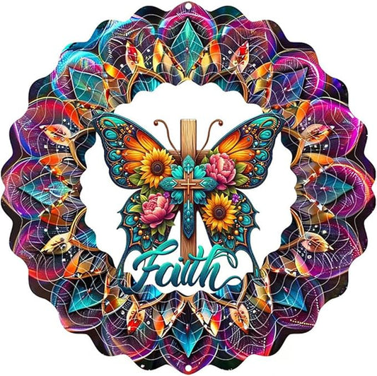 Cross Wind Spinner, Metal Wind Spinners Outdoor/Indoor, Cross Butterfly Hanging Garden Decor for Outside, Stainless Wind Spinners for Yard and Garden 10 inch 3D (25X24.95 CM)