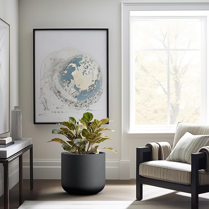 Kante 17.3-Inch Dia Round Concrete Planter, Indoor & Outdoor Garden Pot with Drainage Hole & Rubber Plug, Ideal for Flower and Tree, Black