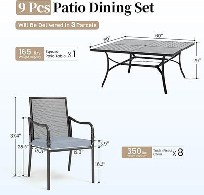 Patio Table and Chairs Set of 8, All Weather Breathable Metal Mesh Patio Chair with Gourd-Shaped Armrests, 60x60 Square Table with Umbrella Hole, 9 Pcs Metal Frame Patio Dining Set