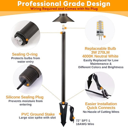 Gardenreet Low Voltage Landscape Lighting - Solid Brass Pathway Lights 12V, LED Path Lamp Waterproof, Hat Shaped Wired Bronze for Walkway Garden with 3W 270LM 4000K Neutral White G4 Bulb (6 Pack)