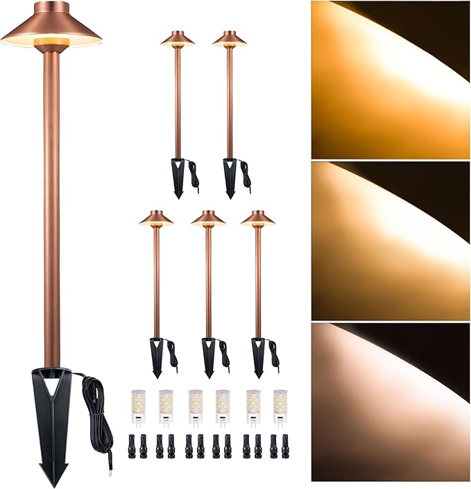 Gardenreet Low Voltage Landscape Lighting Brass, 2700K/3000K/4000K Adjustable 12v Pathway Lights Waterproof, Copper Path Light for Exterior Area Patio House with 3W 270LM G4 Bulb (6 Pack)