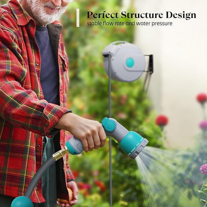 100 ft x 1/2" Retractable Garden Hose Reel | All-weather Water Hose Reel Wall Mounted | Any Length Lock & 180°Swivel, Water Hose with 10-Function Nozzle for Cleaning, Watering (Green)