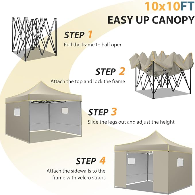 COBIZI 10x10 Pop Up Canopy Tent, Easy Setup Canopy with Sidewalls Waterproof & UPF 50+, Heavy Duty Commercial Instant Craft Fair Tent for Party, Event, Vendor, Farmer Market(Khaki)