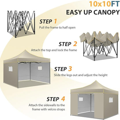 COBIZI 10x10 Pop Up Canopy Tent, Easy Setup Canopy with Sidewalls Waterproof & UPF 50+, Heavy Duty Commercial Instant Craft Fair Tent for Party, Event, Vendor, Farmer Market(Khaki)
