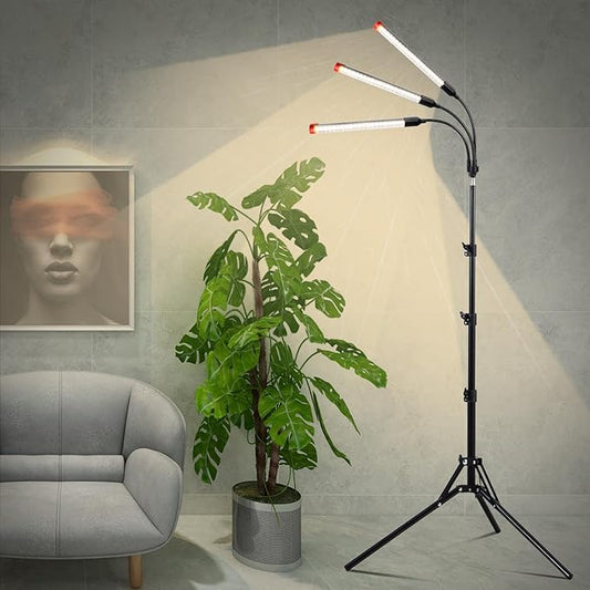 3-Head Grow Light with Stand and Timer, 27 Watt Power Home Plug LED Grow Lights for Indoor Plants for Tall Houseplants, Bonsai Tree, Seed Starting, 24"-64" Adjustable Height
