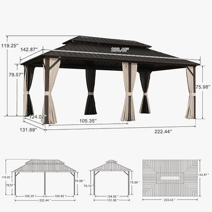 PURPLE LEAF 12’ X 20’ Outdoor Hardtop Gazebo Metal Frame Galvanized Steel Double Roof with Curtains and Nettings for Patio Desk Backyard Bronze