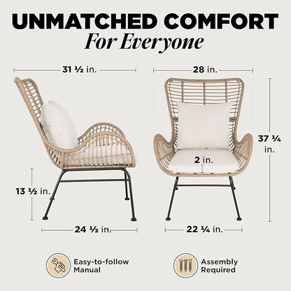 IDZO Isabelle Wicker Chairs Set of 2, 2000 Hours UV Wicker Rattan Chair, 500lbs Capacity Boho Patio Chairs with Thick Olefin Cushions and Pillows for, Indoor Use