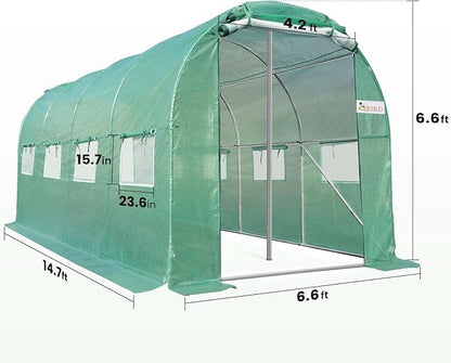 KING BIRD Premium 15x6.6x6.6FT Greenhouse for Outdoors, Large Walk-in Heavy Duty Galvanized Frame, Screen Mesh Door Window Reinforced Zipper Tunnel Hoop for Garden Plant Winter, Green