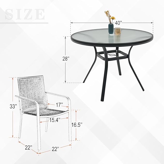 5-Piece Outdoor Patio Dining Set, 40-Inch Round Glass Table with 4 Stackable Chairs, Brown