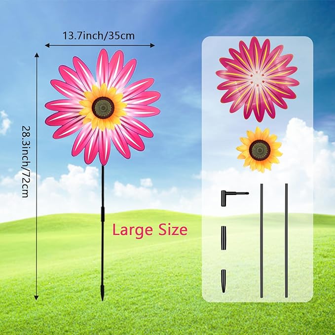 3PCS Sunflower Pinwheels Outdoor Wind Spinners, Colorful Flower Windmill Decorative Pinwheel for Garden, Yard, Party Outdoor Decor(Green, Blue, Pink)
