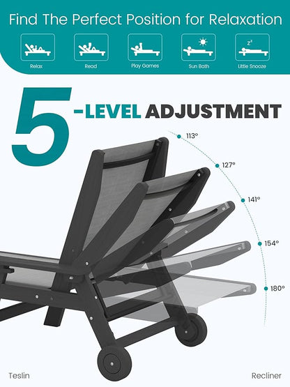 SERWALL Textilene Patio Chaise Lounge Chair Set of 2, 5 Positions Outdoor Lounge Chair with Rolling Wheels for Pool, Deck, Black