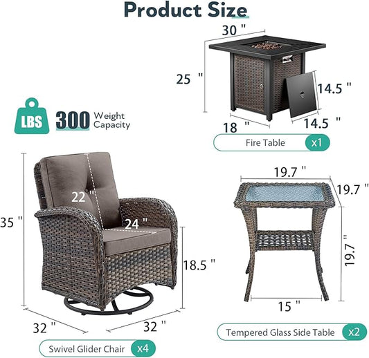 7 Piece Patio Furniture Set with Fire Pit Table - Wicker Patio Conversation Set with 4 Swivel Glider Chairs and 2 Tempered Glass Side Tables for Deck Backyard - Brown Wicker Grey Cushion