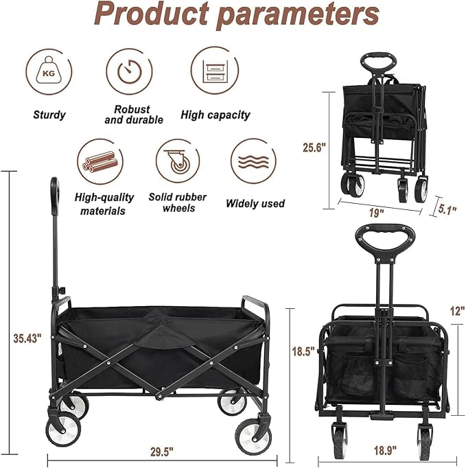 Beach Cart Large Capacity, Heavy Duty Folding Wagon Portable, Collapsible Wagon for Sports, Shopping, Camping Collapsible Foldable cart(220 LBS Capacity)