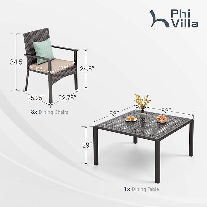 PHI VILLA Outdoor 9-Piece Cast Aluminum Dining Set for 8, Square Metal Dining Table with Umbrella Hole & Cushioned Wicker Rattan Chairs, Patio Dining Set
