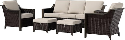 5 Piece Wicker Patio Conversation Set, All-Weather Use Outdoor 2 PE Rattan Chair, 2 Ottoman, 1 Patio Sofa, Removable Water-Resistant Cushion, Ideal for Porch, Backyard, Balcony, Poolside, Beige