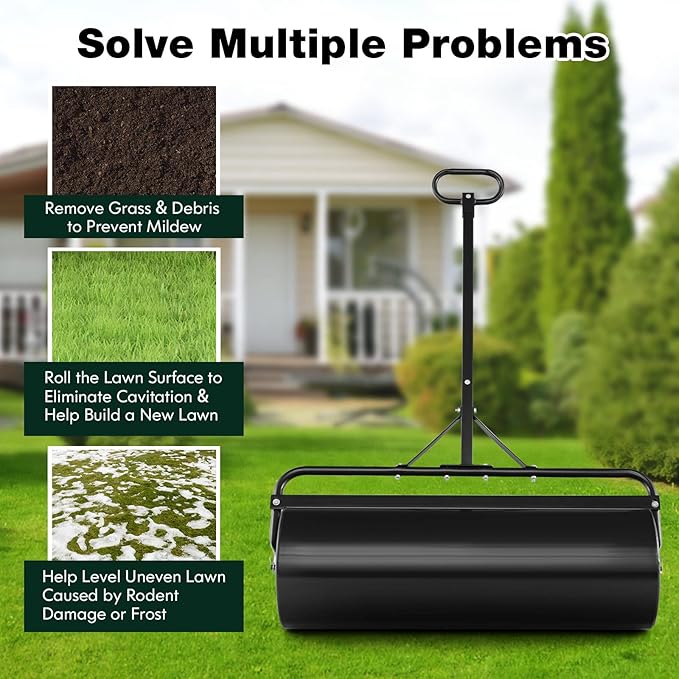 IRONMAX Lawn Roller, 30 Gallons/113 L Manual & Tow-Behind Steel Sod Roller w/Push Pull Handle, Lawn Rollers Tow Behind Water Filled for Yard, Park, Garden, Ball Field (30 Gallons, Black)
