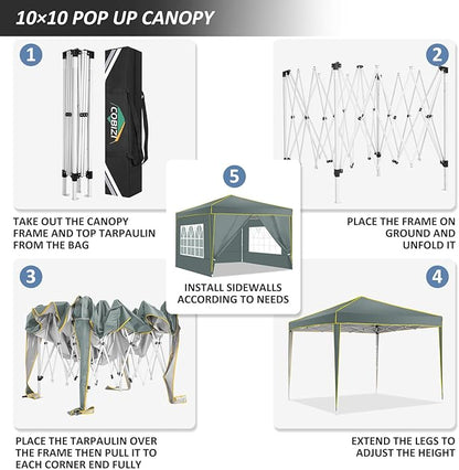 COBIZI 10x10 Pop Up Canopy Party Tents for Parties Waterproof Outdoor Canopy with 4 Sidewalls and 4 Sandbags UV Protection 50+ Commercial Wedding Portable Tent for Backyard, Gray