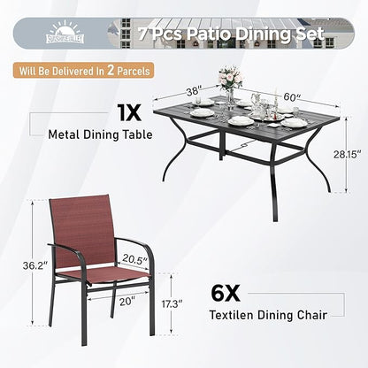 7 Piece Patio Dining Set for 6, Rectangular Metal Dining Table with Umbrella Hole and 6 Chairs, Outdoor Table and Chairs Set for Lawn Backyard and Deck, Red