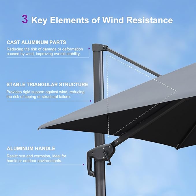 PURPLE LEAF 12ft Patio Umbrella with Base Large Outdoor Square Umbrella Deluxe Hanging Double Top Cantilever Offset Market Umbrella Windproof Garden Umbrella Grey