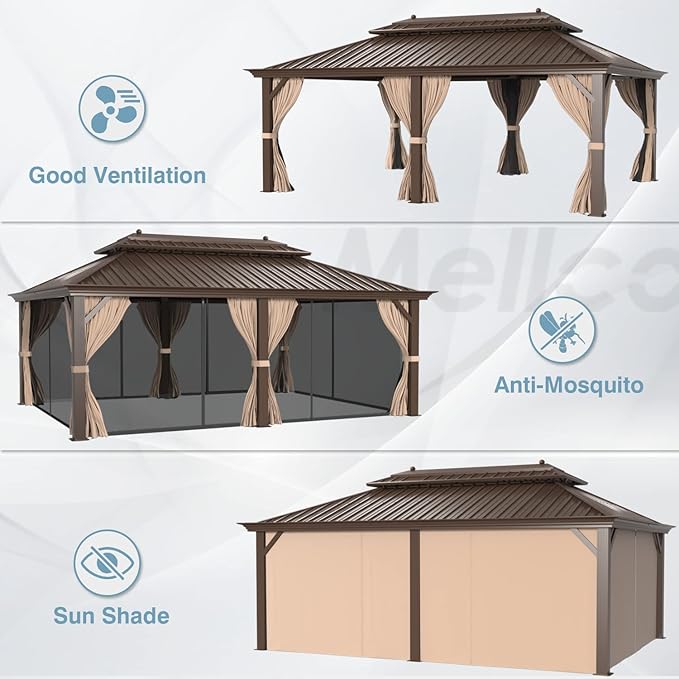 MELLCOM 12' x 20' Hardtop Gazebo,Galvanized Steel Metal Double Roof Aluminum Gazebos with Curtain and Netting,Brown Permanent Pavilion with Aluminum Frame for Patios,Gardens,Lawns
