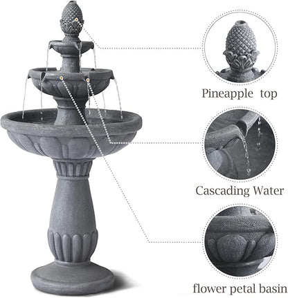 3 Tiered Outdoor Waterfall Fountains, Pineapple Top Water Fountain, Floor Garden Waterfalls Outside, Modern Cascading Flow Fountain for Garden, Yard, Patio, Home Decor