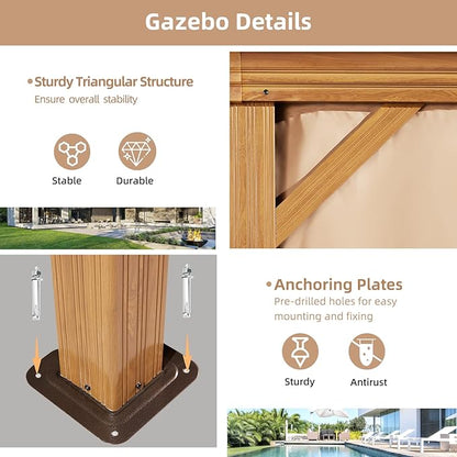 MELLCOM 10' x 12' Hardtop Gazebo, Wooden Finish Coated Aluminum Frame Gazebo with Galvanized Steel Double Roof, Outdoor Permanent Metal Pavilion with Curtains and Nettings for Patio, Lawn & Garden