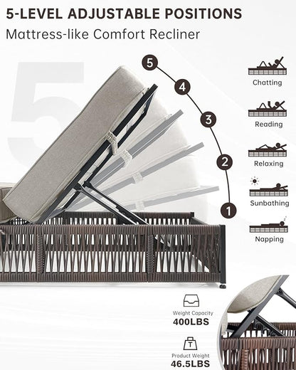 Luxury Outdoor Chaise Lounge Chairs of 4 with 5 Inch Thick Cushions and Side Table - 6 PCS High Back Brown Wicker Rattan Patio Recliners Lounger Furniture Set for Poolside Sunbathing - Beige