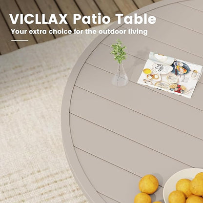 VICLLAX Outdoor Patio Round Dining Table, 47"x 47" Metal Slatted Round Tabletop with Adjustable Umbrella Hole for Deck Lawn Garden Backyard, Sandshell