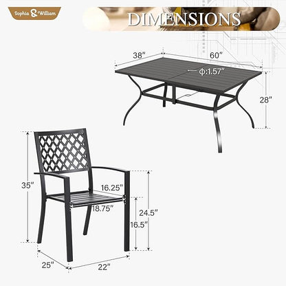 Sophia & William Patio Dining Set Metal Outdoor Table and Chairs Furniture Set 7 Piece, Large 60.2" Dining Table with Umbrella Hole and 6 Backyard Garden Chairs Support 300LBS for Deck, Lawn, Garden