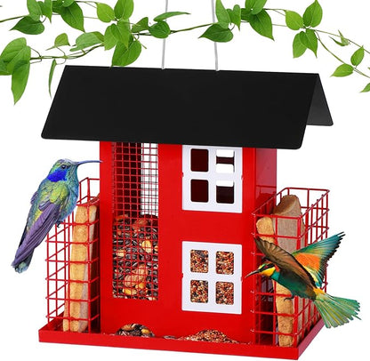 Metal Bird Feeders for Outdoors Hanging with 2 Suet Cage Cake Squirrel Proof Hanging Suet Feeder Large Capacity Wild Bird Feeder Easy Clean&Anti-Rust Attracting Birdhouse Red
