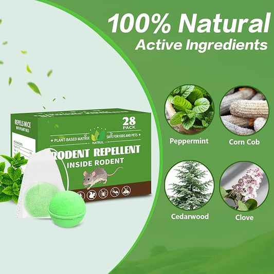 Mouse Rodent Repellent Balls -28 Pack Natural Peppermint Oil for Mice, Rats, Squirels & Spiders - Safe for Pets & Family -Indoor/Outdoor Pest Control for Home, Kitchen, Garage