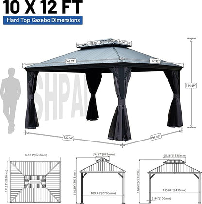 Outdoor Hardtop Gazebo for Patio 10x12FT with Resin-Galvanized Steel Roof, Metal Hard Top Gazebo with Gutters, Heavy Duty Gazebos All Season with Curtains & Netting, for Deck, Backyard, Hot Tub