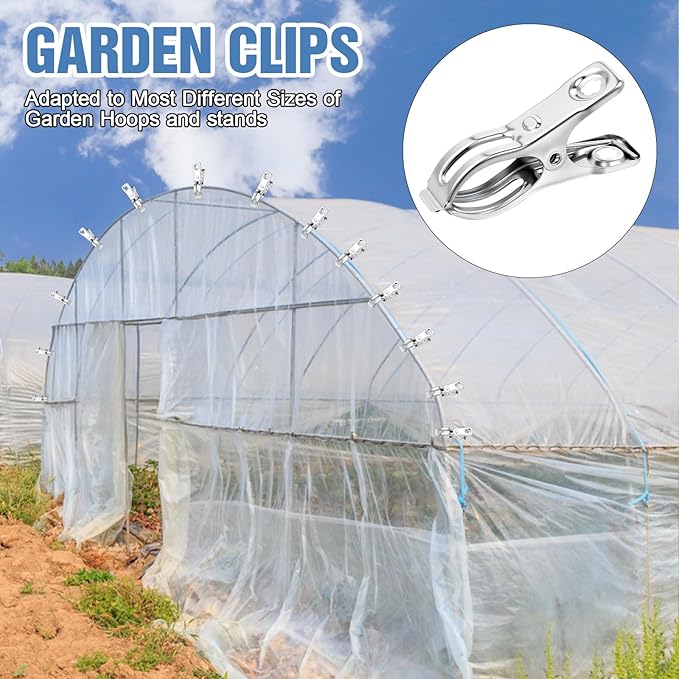 Upgraded 200 PCS Garden Clips, Greenhouse Clamps 100% Stainless Steel Heavy Duty Greenhuose Clips for Netting - Strong Grip to Hold Down Shade Cloth or Plant Cover on Garden Greenhouse Hoops