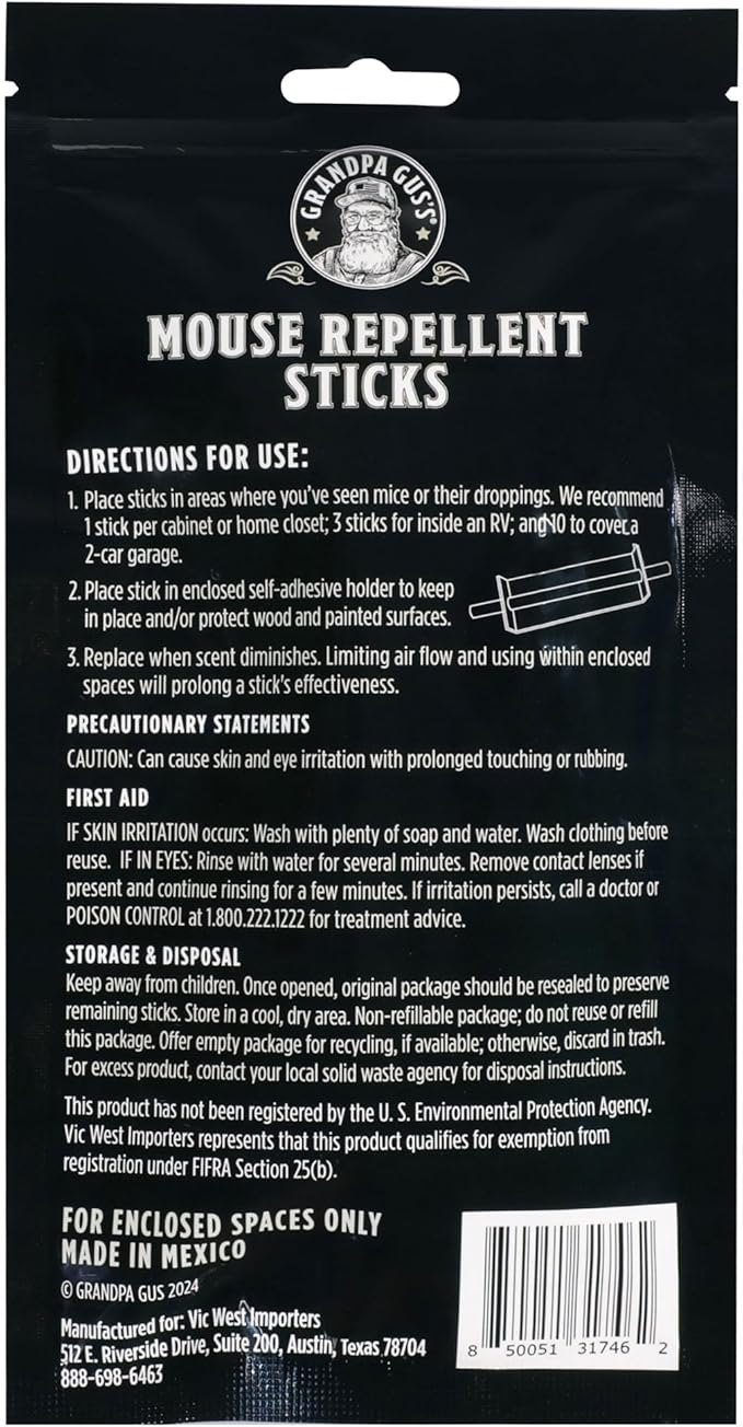 Grandpa Gus's Natural Mouse Repellent Stick, Patented Delivery of Concentrate Peppermint Scent, Plant-Based, Humane Rodent Repellent for Home, Campers & RVs, Pack of 10