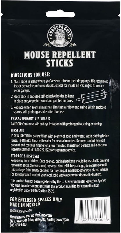 Grandpa Gus's Natural Mouse Repellent Stick, Patented Delivery of Concentrate Peppermint Scent, Plant-Based, Humane Rodent Repellent for Home, Campers & RVs, Pack of 10