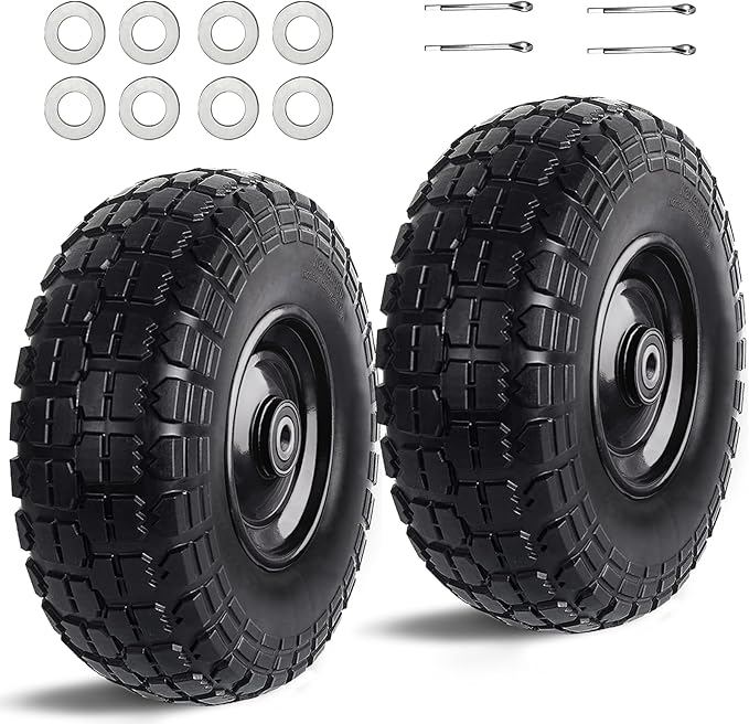 12'' Flat Free Tires Rubber Replacement Solid Tire and Wheel Assemblies for Hand Trucks Garden Cart Wheelbarrow - 3.5”Wide Polyurethane Tires 2.1 Hub with 5/8 Inch Axle Borehole (410/350-6)