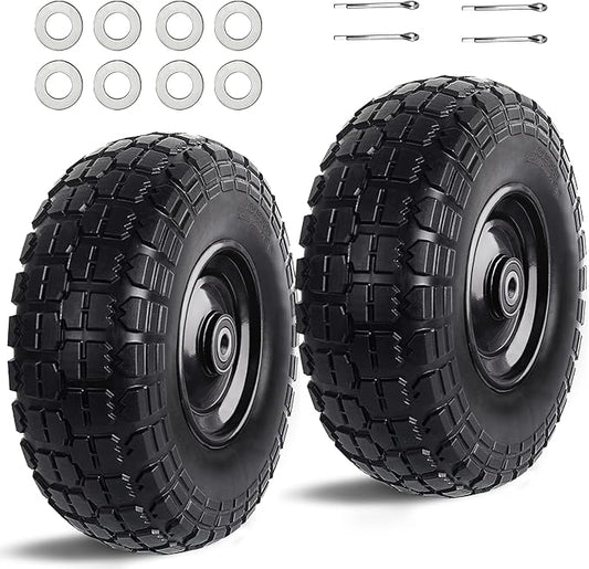 12'' Flat Free Tires Rubber Replacement Solid Tire and Wheel Assemblies for Hand Trucks Garden Cart Wheelbarrow - 3.5”Wide Polyurethane Tires 2.1 Hub with 5/8 Inch Axle Borehole (410/350-6)