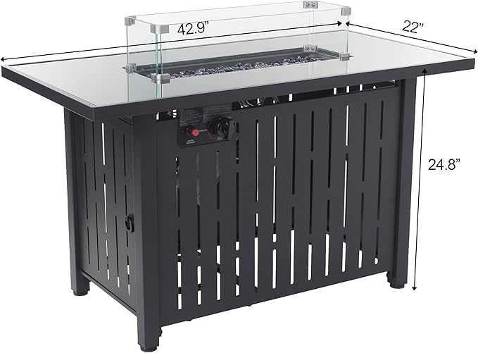 43 Inch Outdoor Propane Fire Pit Table 50,000 BTU, Rectangle Gas Fire Pit with Glass Wind Guard & Tempered Glass Top for Outside Patio & Backyard, Includes Rain Cover & Glass Beads