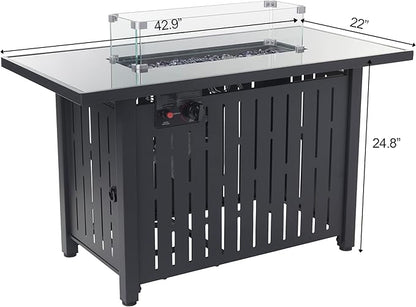 43 Inch Outdoor Propane Fire Pit Table 50,000 BTU, Rectangle Gas Fire Pit with Glass Wind Guard & Tempered Glass Top for Outside Patio & Backyard, Includes Rain Cover & Glass Beads