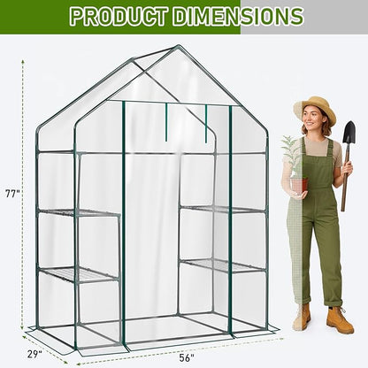 Outvita Walk-in Greenhouse, Outdoor Durable PVC Plant Green House for Frost Protection with 3 Tiers 4 Shelves, Shelf Clips, Roll-up Zipper Door, 56"x29"x77" Transparent